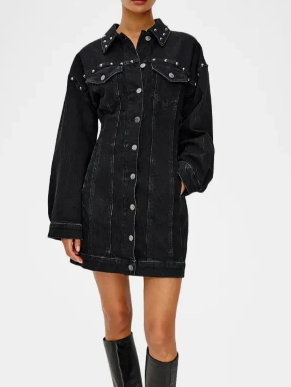 Rails Ladera Studded Denim Mini Dress NWT Size Large Black Long Sleeve - Picture 2 of 16